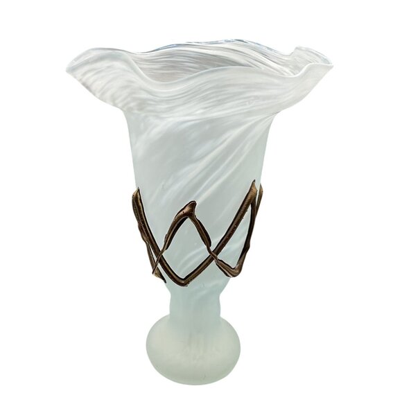 Antique Romanian Ravert Romblast Green Satin Swirl Vase Copper Wrap Accent - Picture 3 of 6